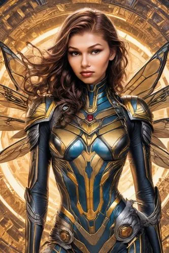 Hyper-realistic close-up of a model with avant-garde makeup, vibrant colors, and intricate designs.,a woman dressed as wonder is in a costume,female warrior,witchblade,chitauri,zauriel,lilandra,varya,