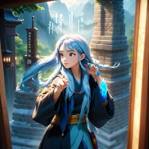 The words "SEVEN",there is a poster on a picture frame of an asian lady,mikuriya,chihaya,azura,zhui,kanon,seimei,Anime,Anime,Cartoon