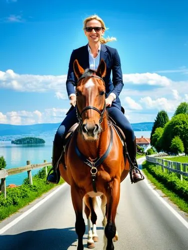 When Alice Weidel is on her horse-ride through the constituency on Lake Constance, she radiates a special grandeur.,a woman is riding on the back of a horse down a rural road,lapo,montezemolo,elkann,g