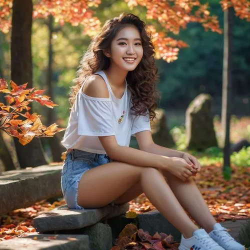 autumn photo session,autumn background,asian girl,beautiful young woman,asian,park bench,sitting on a chair,korean,girl sitting,beautiful girl with flowers,portrait background,relaxed young girl,forest background,asian woman,girl in t-shirt,vietnamese,pretty young woman,portrait photography,perched on a log,legs crossed,Conceptual Art,Daily,Daily 05