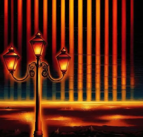 a street lamp with two lights hanging off it's side,streetlamps,street lamps,gas lamp,art deco background,streetlamp,lamp post,Illustration,Realistic Fantasy,Realistic Fantasy 25