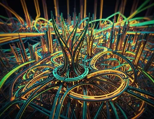 Sky High + Cityscape SK  243.4 www.omarsolh.com a digital art piece of neon colored wire,tangle,cytoskeleton,biospheres,hvdc,organica,entanglements,procedural,thicket,biopiracy,fractal lights,uncoil,g