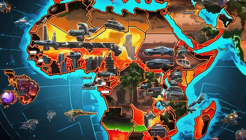 Produce a futuristic and technologically advanced map of Africa, displaying urban centers and transportation networks.,shield volcano,map world,game illustration,african map,artificial island,rainbow 