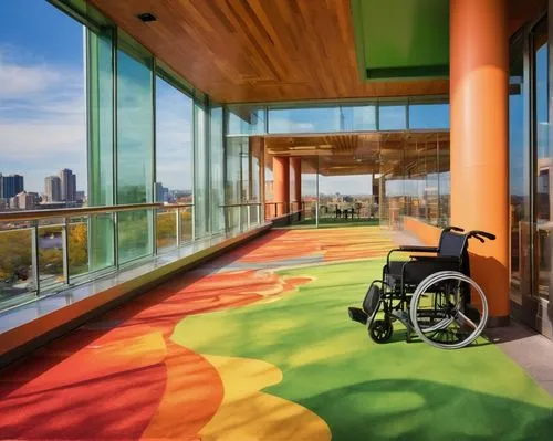 Accessibility-focused modern building, wheelchair-friendly ramp, automatic sliding doors, Braille signage, elevator with voice announcement, wide corridors, adaptive lighting system, tactile flooring,