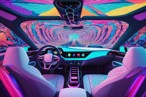 ufo interior,3d car wallpaper,80s,drive,80's design,mercedes interior,futuristic,car interior,trip computer,vapor,car dashboard,psychedelic,neon,dashboard,psychedelic art,interiors,neon arrows,virtual,car drawing,neon lights,Illustration,Abstract Fantasy,Abstract Fantasy 08