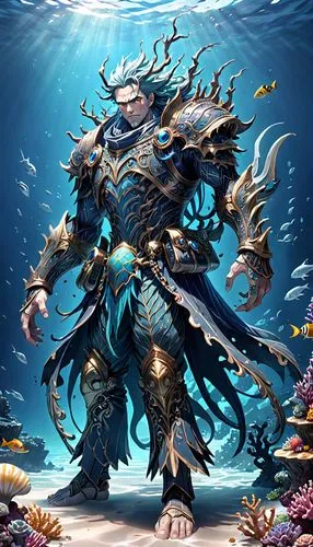 sea god,god of the sea,poseidon,poseidon god face,mergus,marine animal,sea man,merfolk,sea devil,coral guardian,marine fish,merman,divemaster,coelacanth,marine biology,aquanaut,underwater background,neptune,kraken,sea raven,Anime,Anime,General