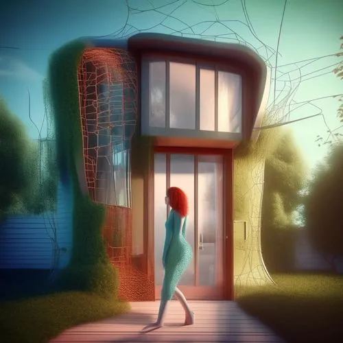 digital compositing,smart house,cubic house,woman house,3d rendering,mid century house,3d render,transistor,sci fiction illustration,house silhouette,lonely house,cube house,house shape,inverted cotta