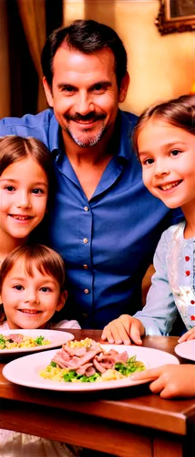 Happy family, dinner table, father, mother, two kids (10yo), western-style dining room, warm lighting, smiling faces, casual wear, relaxed atmosphere, slight blur effect, shallow depth of field, 3/4 c