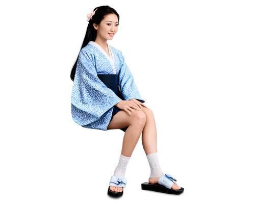 Traditional Japanese woman, Kimono, Hanbok style, long black hair, gentle smile, subtle blush, porcelain skin, intricately designed Obi, geta sandals, tabi socks, serene facial expression, slight bow 