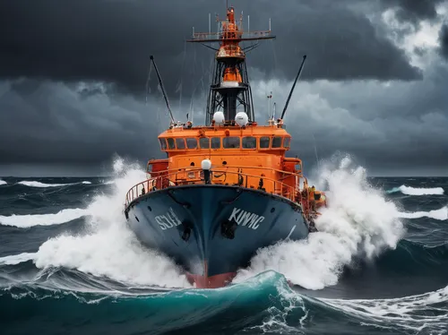 dynamic weather, stormy sea, rescue vessel, steam engine, choppy waves, raindrops, lightning, dark clouds, emergency lights, reflective wet surfaces, high contrast, survival game, maritime environment