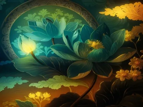 the painting is done in oil and shows a painting of flowers,fractals art,lotus blossom,lotuses,flower painting,moonflower,fractal art,Illustration,Abstract Fantasy,Abstract Fantasy 19