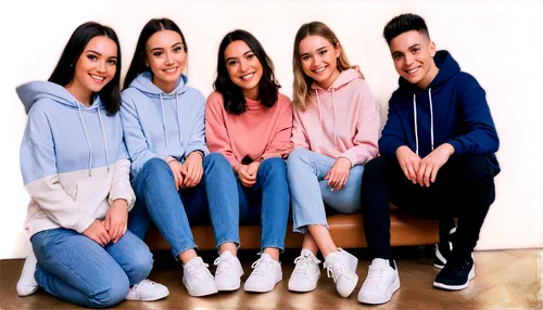 group of friends, huddled together, casual wear, jeans, hoodies, sneakers, smiling faces, warm atmosphere, soft focus, shallow depth of field, natural lighting, 3/4 composition, cozy feeling, intimate