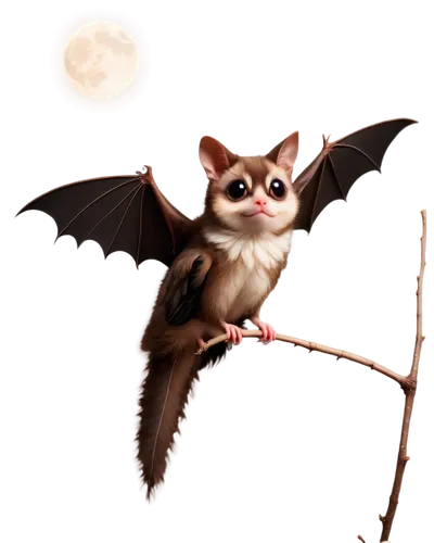 Pixie bat, tiny wings, furry body, big round eyes, pink nose, white belly, dark brown back, delicate fingers, toes, perched on branch, night scene, full moon, soft glowing light, 3/4 composition, shal