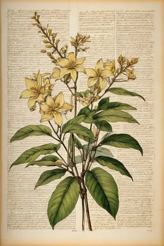 old paper page in encyclopedia, Botanical Ink Drawings, tropical vanilla plant, shades and lines, old manuscript, earthy tones, artistic technique and craftsmanship, Herbier Tonnellier,a nch with leav