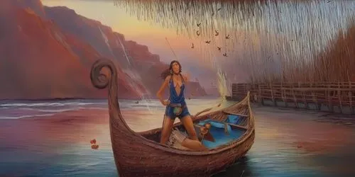 moana,girl on the boat,indigenous painting,pocahontas,dugout canoe,canoe,boat landscape,canoes,fantasy picture,paddler,oil painting on canvas,world digital painting,man at the sea,longship,shamanic,pa