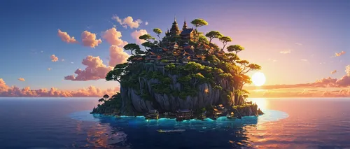 floating islands,floating island,mushroom island,islet,water castle,fantasy world,3d fantasy,artificial island,fairy chimney,fairy tale castle,island suspended,flying island,an island far away landscape,the island,sea fantasy,fantasy city,artificial islands,fairy world,fairytale castle,island of juist,Illustration,Japanese style,Japanese Style 05