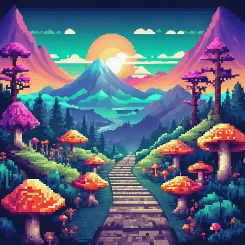 mushroom landscape,mountain world,pixel art,mountains,mountain landscape,futuristic landscape,mountain scene,autumn mountains,mushroom island,hiking path,mountain sunrise,forest path,landscape background,an island far away landscape,mountain valley,fantasy landscape,valley,retro background,fairy village,nature landscape,Illustration,Vector,Vector 17