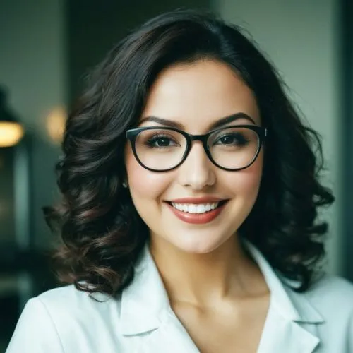 She is a very beautiful woman, beautiful smile and wears glasses and looks like a stunning and magnificent scientist, but she is a woman of incredible and mesmerizing beauty and has a super beautiful 