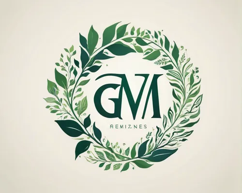 Create a GM logo with a nature-inspired theme, incorporating leaves and organic shapes.,garden logo,growth icon,medical logo,g badge,vintage anise green background,monogram,logodesign,wreath vector,la