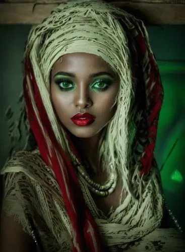 a lady with green eyes wearing a head piece,nigerien,fulbe,ethiopian girl,nigeria woman,eritrean,comorian,Illustration,Realistic Fantasy,Realistic Fantasy 46