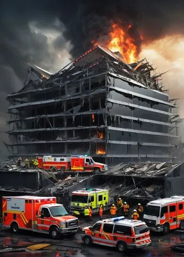 Disaster recovery center, futuristic architecture, sleek lines, metallic materials, glass facade, LED lights, emergency response vehicles, ambulance, fire truck, rescue helicopter, damaged cityscape i