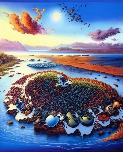 a painting that looks like an island with lots of rocks,mushroom island,intertidal,rockpool,mushroom landscape,coral reefs,coral reef,Illustration,Realistic Fantasy,Realistic Fantasy 32