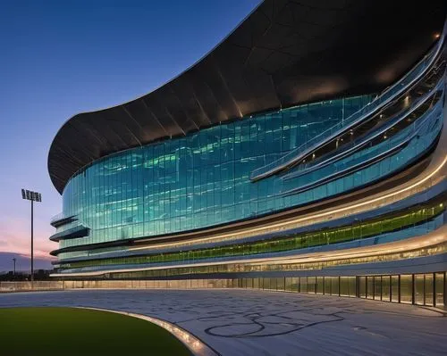 Modern sports stadium, sleek curved lines, silver aluminum exterior, vast glass facade, LED scoreboard, green grass field, athletic tracks, grandstands, VIP lounge, luxury seating, marble floors, stai