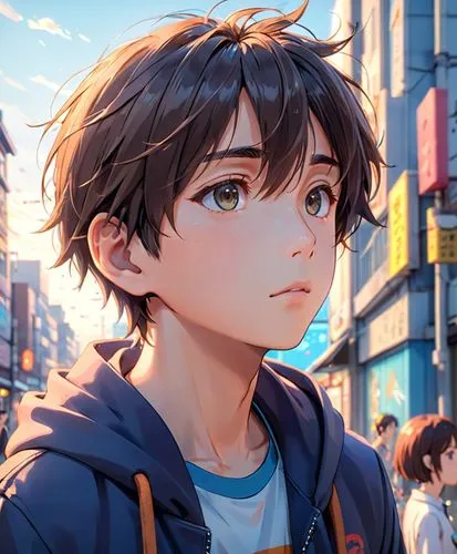 anime character in the street with buildings and people,oikawa,akira,katsuyuki,anime boy,eiji,hiroji,Anime,Anime,General