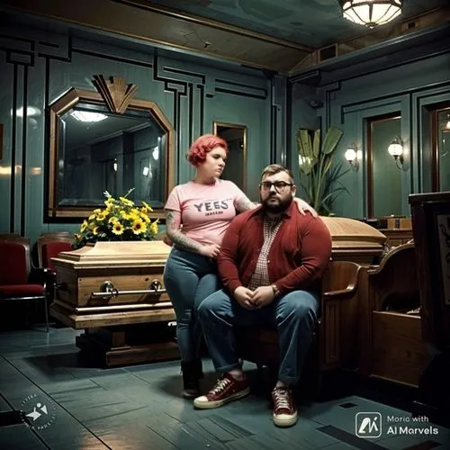 A chubby 20 year old woman, short funky red hair, very serious expression, wearing a vintage pink shirt with the words "yes b'y" on it. Her hand is resting on the mans arm. She has tattoos on her arm.