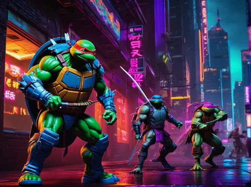 teenage mutant ninja turtles,trachemys,turtles,cg artwork,raphael,neon human resources,neon body painting,superhero background,michelangelo,cartoon video game background,patrol,sci fiction illustration,patrols,concept art,game illustration,storm troops,game art,high-visibility clothing,wall,cyberpunk,Conceptual Art,Sci-Fi,Sci-Fi 26