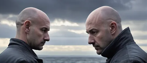 Explore the emotions of a bald man dealing with his insecurities.,mirror image,split personality,parallel worlds,self-deception,mirror reflection,hair loss,duality,self-reflection,mirroring,dualism,cl