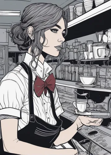 waitress,barista,bartender,soda fountain,cashier,barmaid,apothecary,coffee tea illustration,bakery,girl in the kitchen,pastry shop,clerk,woman at cafe,coffee tea drawing,waiter,soda shop,salesgirl,confectioner,retro diner,milkmaid,Illustration,Black and White,Black and White 12