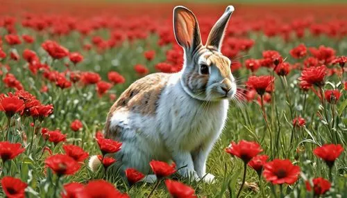 ((best quality)), ((masterpiece)), (detailed), intricate art, a little rabbit, open field, red flowers,  distant vision, detailed painting style, Abstract, Vincent van Gogh,bunny on flower,european ra