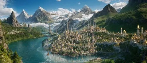 Majestic elven city with golden domes and white elfic towers by the riverside, all around birds and elven ships come and go, photo realistic upscaled render of elven city panorama, HD, high detail and