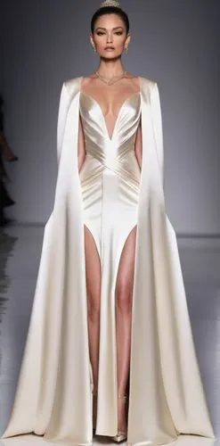 a woman in a gown and cape on the runway,mugler,siriano,thakoon,vionnet,a floor-length dress,derivable,Photography,Fashion Photography,Fashion Photography 12