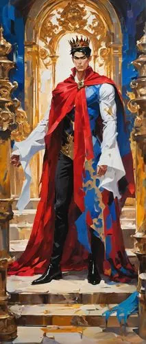 Anime king, muscular man, powerful posture, sharp jawline, piercing blue eyes, short spiky black hair, golden crown, white shirt with billowy sleeves, red cape flowing behind, ornate throne, intricate