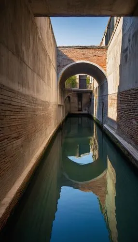 Carlo Scarpa, modernist architecture, brutalist design, geometric shapes, angular lines, raw concrete, industrial materials, minimalist interior, natural light pouring in, Venice, Italy, water canal, 