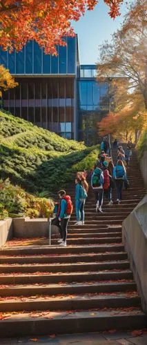 University campus, modern architecture, glass building, stone walls, ivy climbing, red brick road, autumn leaves, vibrant colors, students walking, backpacks, laptops, notebooks, coffee cups, casual w