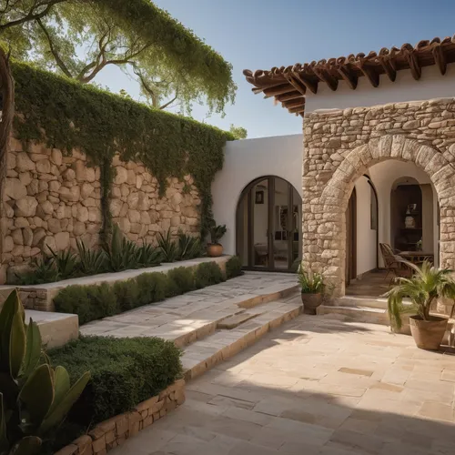 Show me the view of a home 
 traditional stone Mexican in a 7.21 meter width x 50 meter length area
,spanish tile,provencal life,landscape designers sydney,stucco wall,spanish missions in california,l