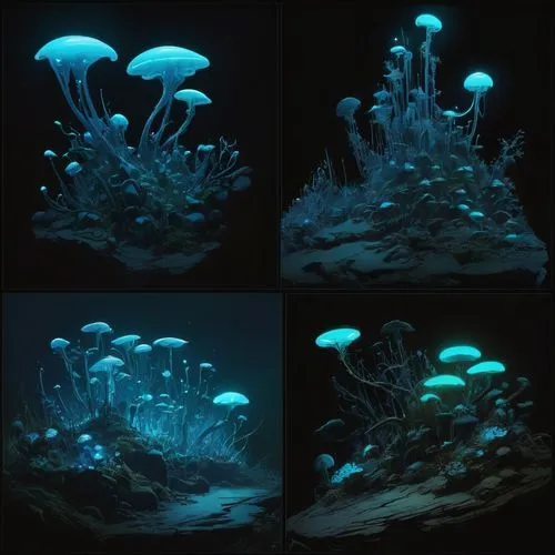 aquarium lighting,bioluminescence,underwater background,mushroom island,mushroom landscape,blue mushroom,glow in the dark paint,forest mushrooms,mushrooms,jellyfish collage,underwater landscape,jellyfish,sea jellies,underwater playground,floating islands,jellies,cnidaria,deep sea,aquarium decor,undersea,Conceptual Art,Fantasy,Fantasy 01