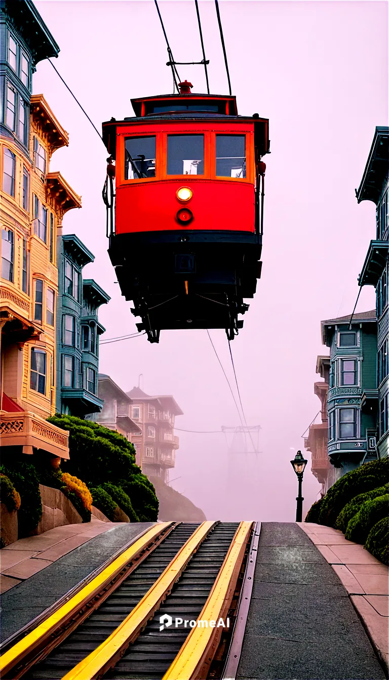 San Francisco, iconic skyline, Golden Gate Bridge, foggy morning, misty atmosphere, steep hills, colorful Victorian houses, intricate architecture, ornate details, vibrant street art, graffiti, cable 