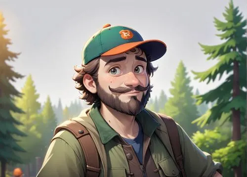 A 45 year old man, he is a forester, he is wearing an orange cap with a logo on it, his beard is chesnuts colored, he is wearing forester clothes green and brown colored, he has a few rickles on his f