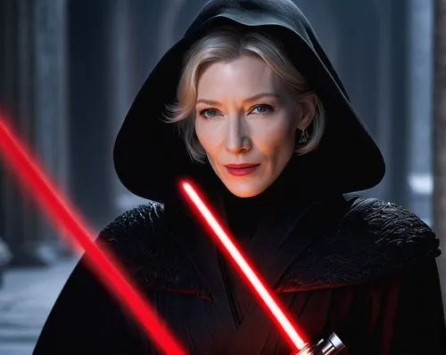 Cate Blanchett, Star Wars character, regal, powerful, authoritative, dark side, Sith Lord, black robes, intricate silver embroidery, high collar, red lightsaber, intense gaze, strong facial structure,