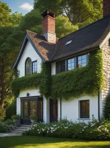 Luxurious gambrel house, modern rural architecture, sloping roof, wooden shingles, white walls, large windows, stone chimney, ivy climbing up the walls, green lawn, flower beds, tall trees surrounding