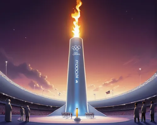 Describe a futuristic setting where the Olympic torch is lit using advanced technology.,olympic flame,rockets,sls,torch-bearer,soyuz rocket,the pillar of light,torch,olympic torch,launch,rocket launch