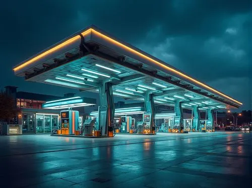 Modern gas station, futuristic architecture, sleek lines, neon lights, LED displays, interactive kiosks, self-service pumps, robotic fuel injectors, electronic payment systems, solar panels, green roo