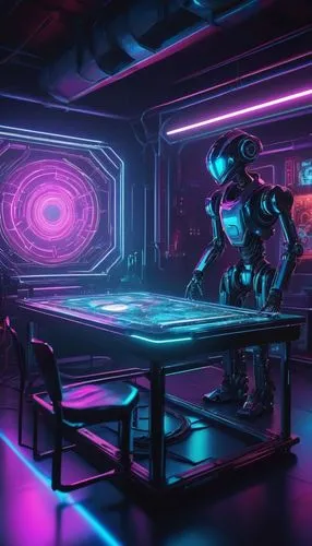 neon coffee,retro diner,cyberpunk,scifi,sci fi surgery room,ufo interior,4k wallpaper,3d render,black table,game room,cyber,futuristic,neon tea,diner,vapor,nightclub,tables,air hockey,computer room,new concept arms chair,Illustration,Paper based,Paper Based 27