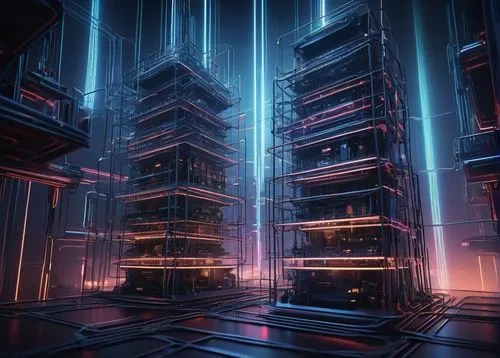 Futuristic, high-tech, three-tier schema architecture, abstract blueprints, intricate circuit boards, glowing neon lines, metallic structures, modern minimalistic background, spotlights shining down, 