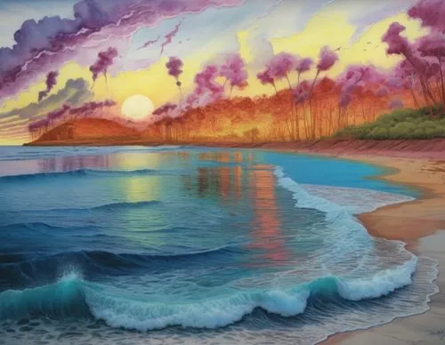 this painting shows the waves coming in to shore at sunset,beach landscape,sea landscape,coastal landscape,seascape,sunrise beach,sunset beach,Illustration,Realistic Fantasy,Realistic Fantasy 25