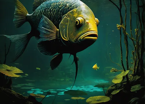 Write a suspenseful story about a hidden treasure deep within a mystical fish pond.,forest fish,cichlid,golden angelfish,yellow fish,underwater fish,angelfish,discus fish,fish in water,freshwater fish